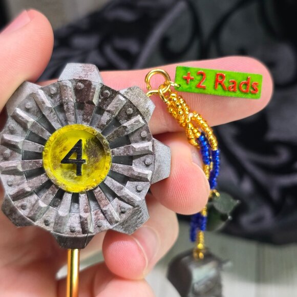 Handmade Fallout Vault Inspired Hair Stick Helmet, Mini Nuke, and +2 Rad Charms - Picture 11 of 14